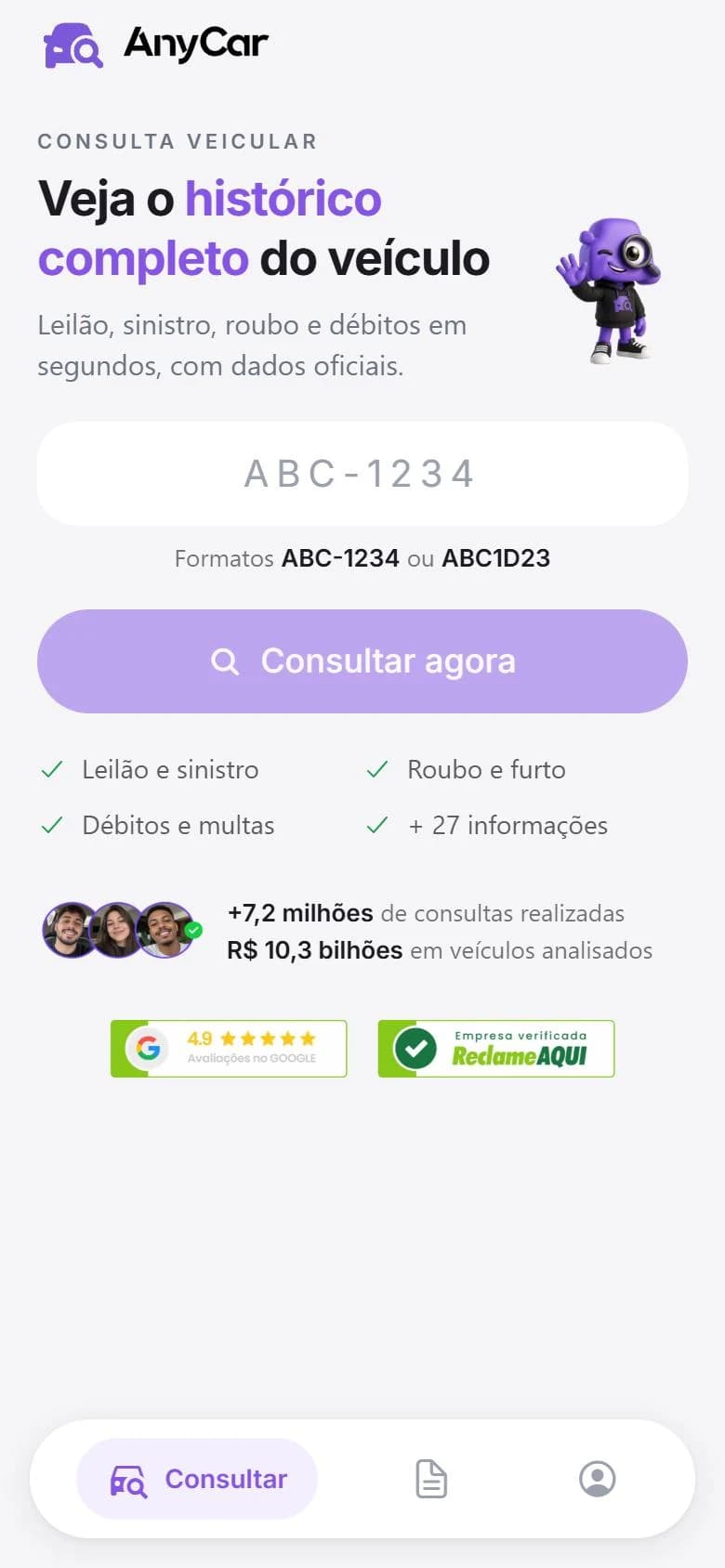 Tela de consulta pela placa no aplicativo AnyCar