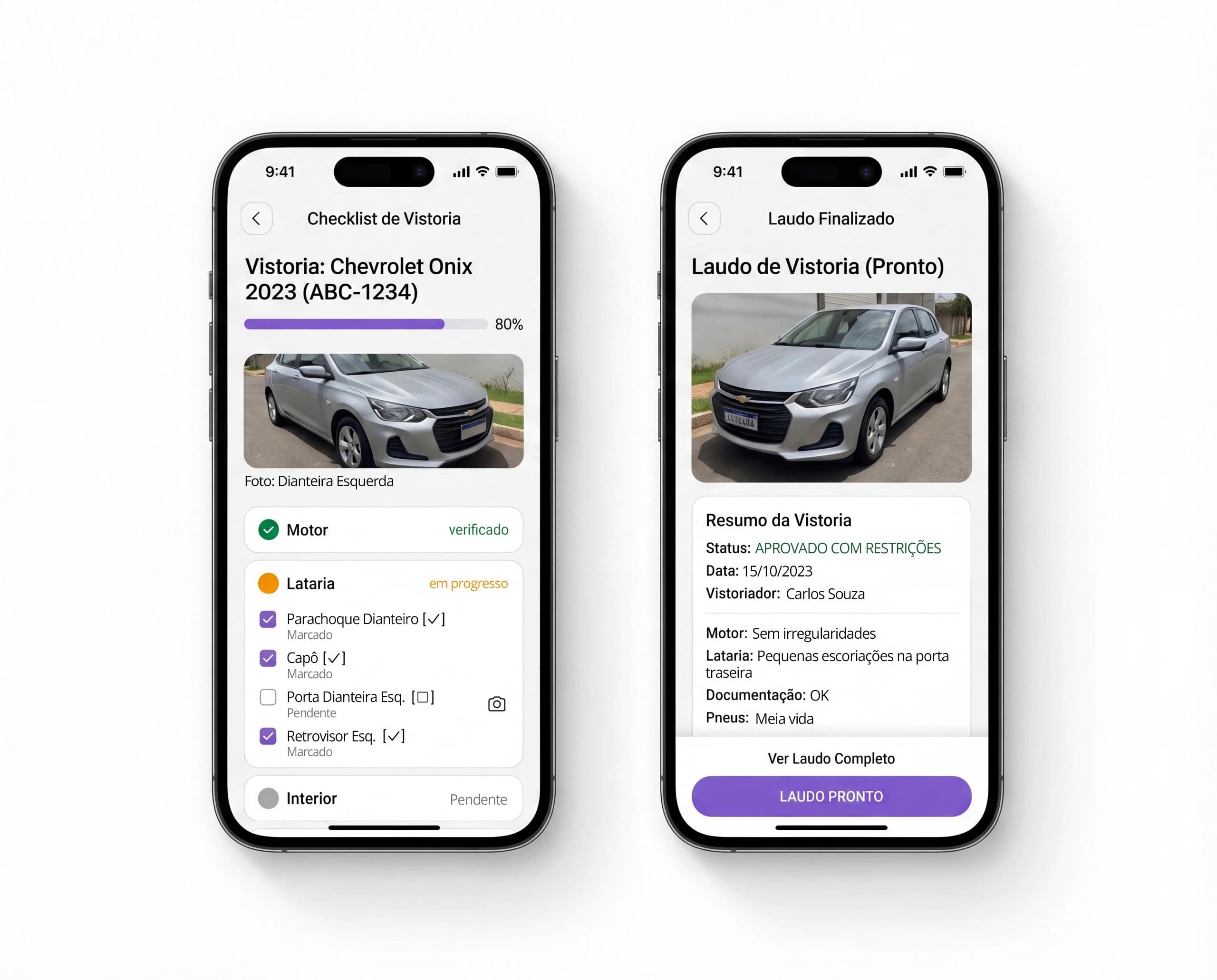 App AnyCar Vistoria Digital mostrando checklist de vistoria e laudo finalizado