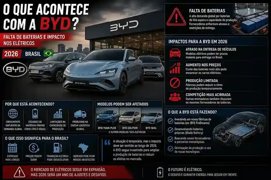 O que acontece com a BYD: falta de baterias e impacto nos elétricos 2026 Brasil
