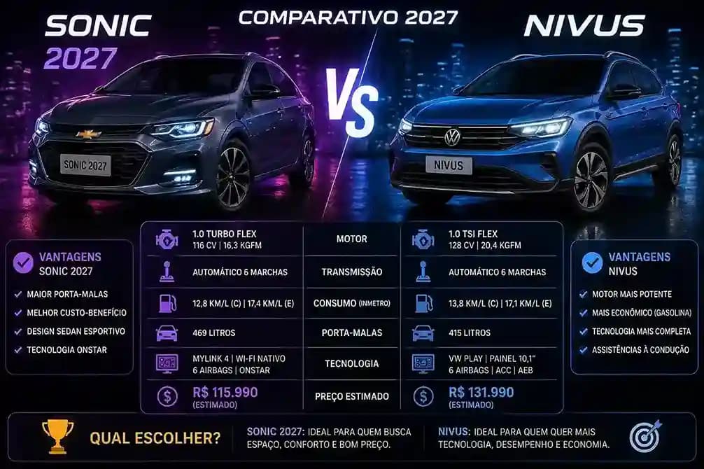 Chevrolet Sonic 2027 vs Nivus: consumo e preço 2026 Brasil