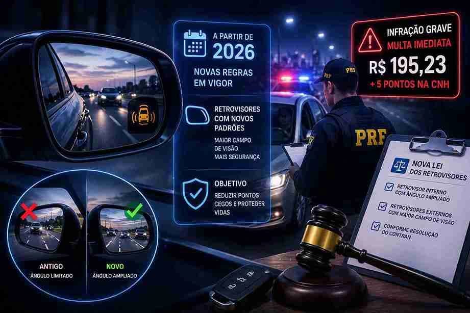 O que muda na lei dos retrovisores: multas e novas regras 2026 Brasil