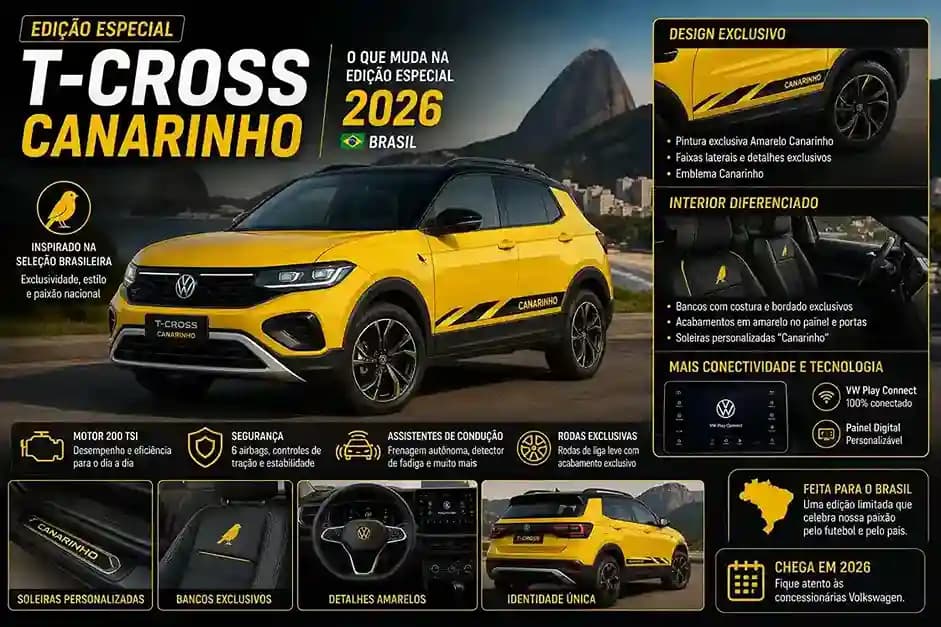 O que muda no Volkswagen T-Cross Canarinho: edição especial 2026 Brasil